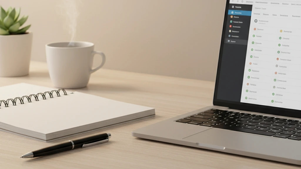 Mesa de trabalho organizada com caderno, caneta e notebook, luz suave, fundo neutro.